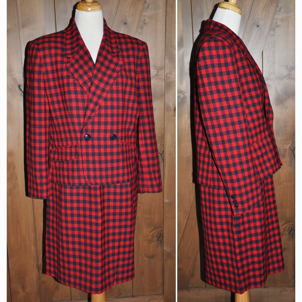 Vintage Liz Claiborne Petite Red & Navy Blue Plaid Wool Skirt & Jacket Ensemble